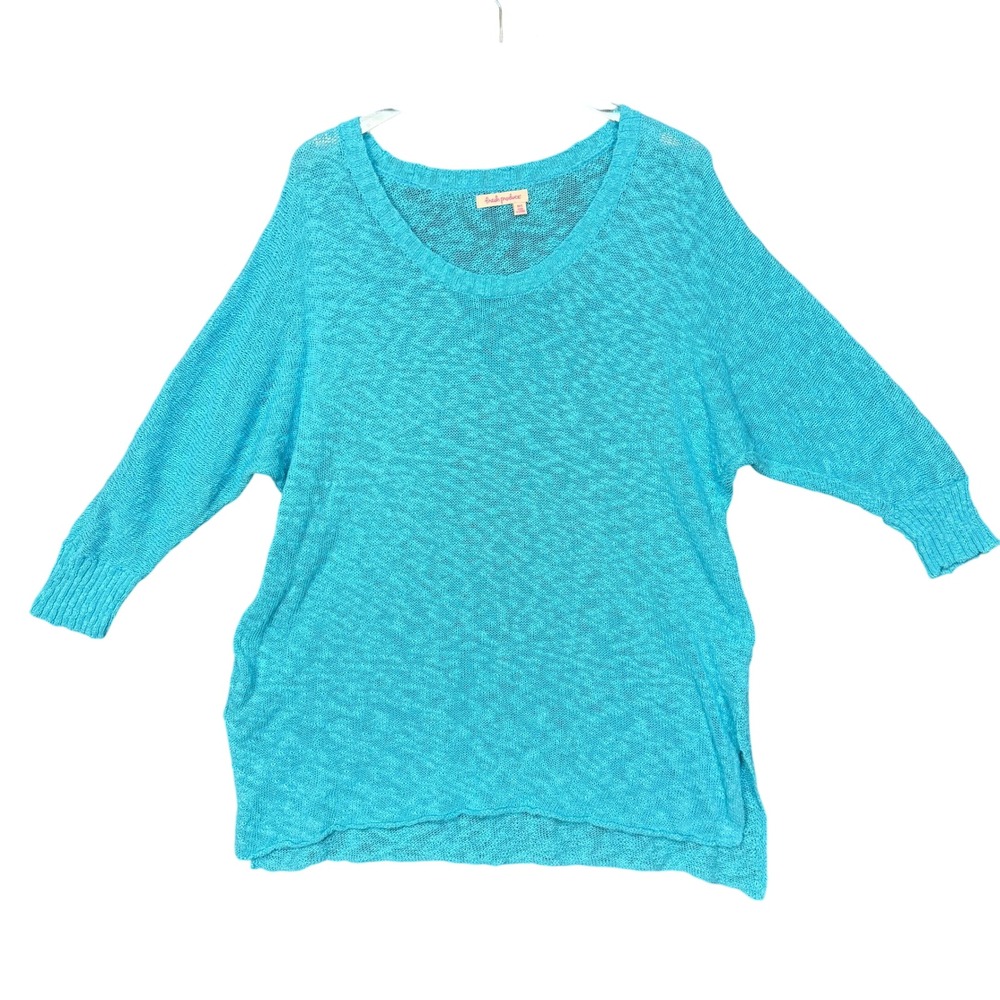 Fresh Produce Sweater Medium Large‎ Turquoise Open Knit V Neck 3/4 Dolman Sleeve